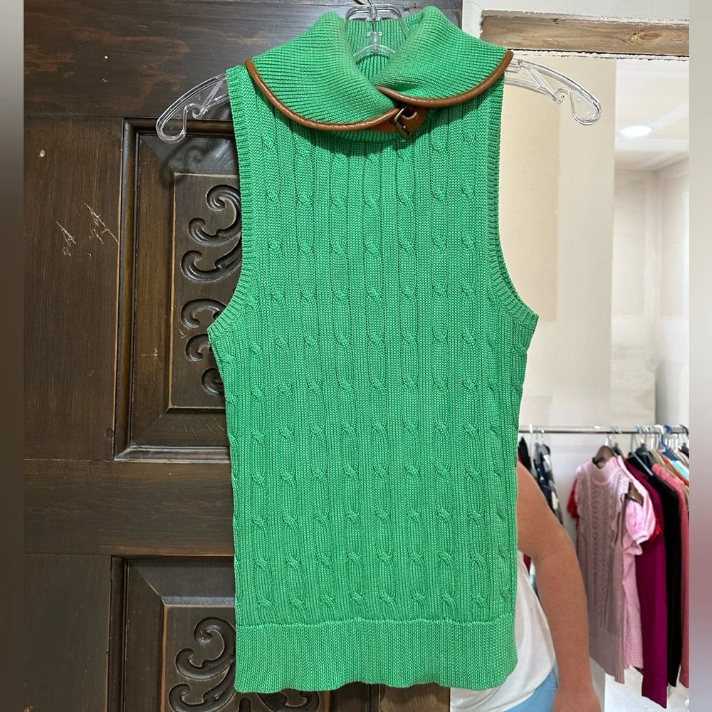 Ralph Lauren sleeveless braid sweater. Leather trim. Size M - Picture 1 of 5